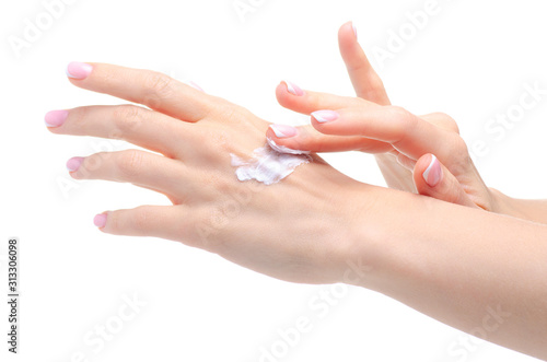 Woman female hands with cream beauty care on white background isolation