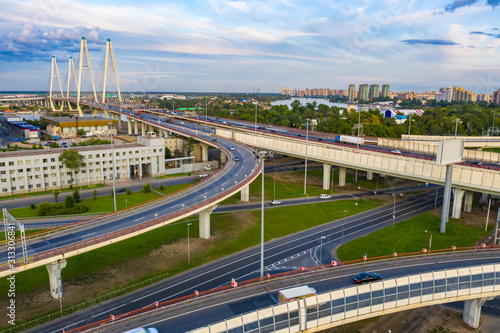 Saint Petersburg. Russia. Road junction in St. Petersburg. Interchange at the entrance to the city. Road architecture of Russia. Roads of St. Petersburg. Cable-stayed bridge. Tourism in Russia.