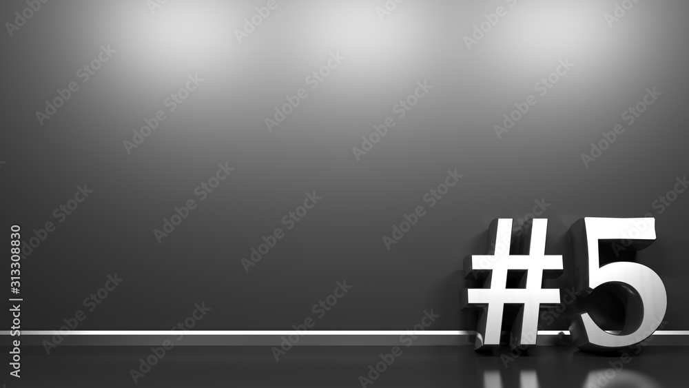 Black glossy background wall with satin chrome metallic Number Five - 3D rendering illustration Black glossy background wall with satin chrome metallic Number Five - 3D rendering illustration