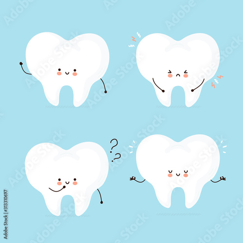Cute happy human tooth character set collection