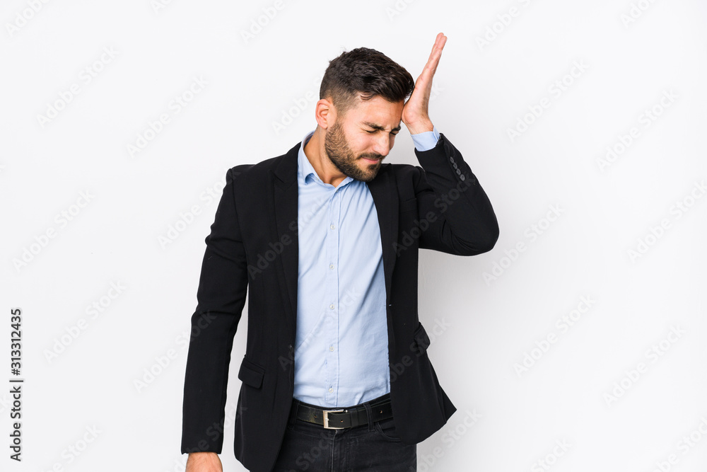 Young caucasian business man against a white background isolated forgetting something, slapping forehead with palm and closing eyes. Young caucasian business man against a white background isolated forgetting something, slapping forehead with palm and closing eyes.