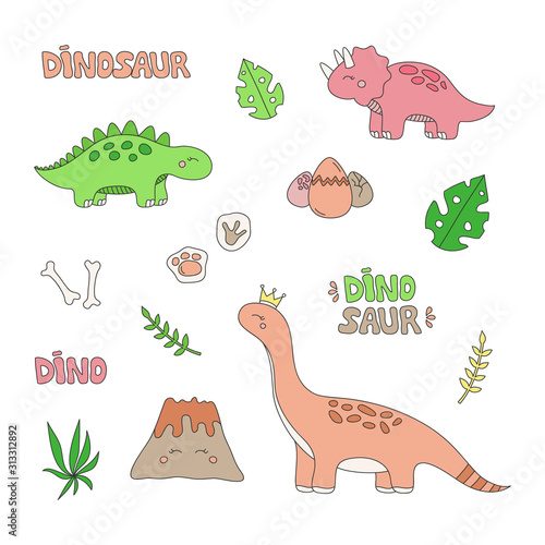 Prehistoric dinosaur vector illustration set. Hand drawn dinosaurs, volcano, plants, eggs, fossils and writings. Isolated.