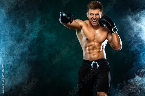 Fitness and boxing concept. Boxer, man fighting or posing in gloves on dark background. Individual sports recreation. © Mike Orlov