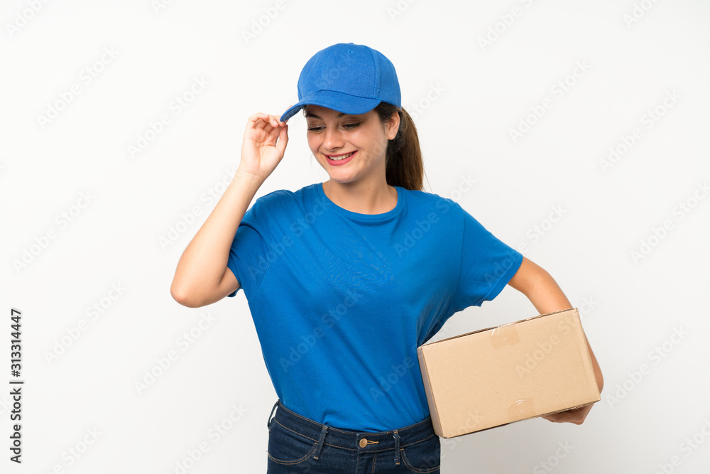 Young delivery girl over isolated white background laughing Young delivery girl over isolated white background laughing