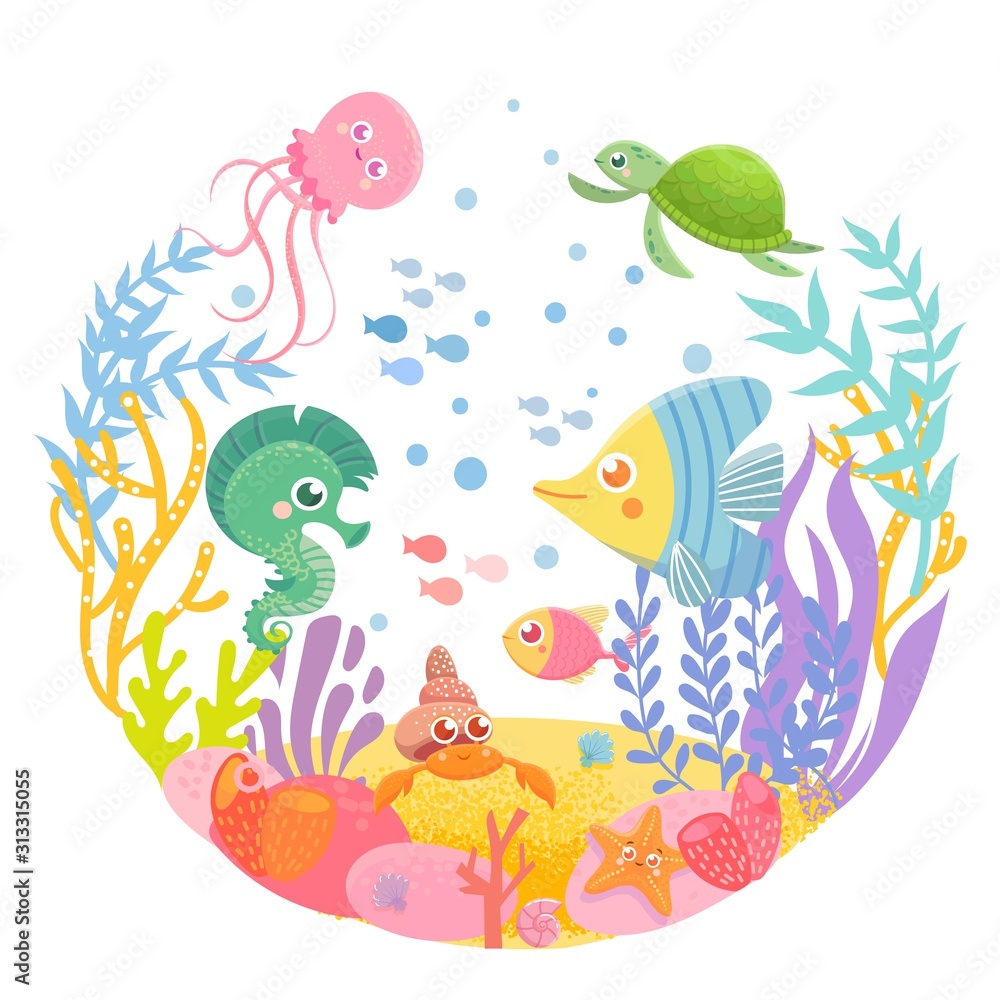 Funny sea animals in circle. Marine life. Ocean wildlife.. Cute vector illustration. Template