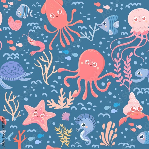 Marine seamless pattern of sea life. Cute cartoon ocean and sea animals. Blue background. Vector collection