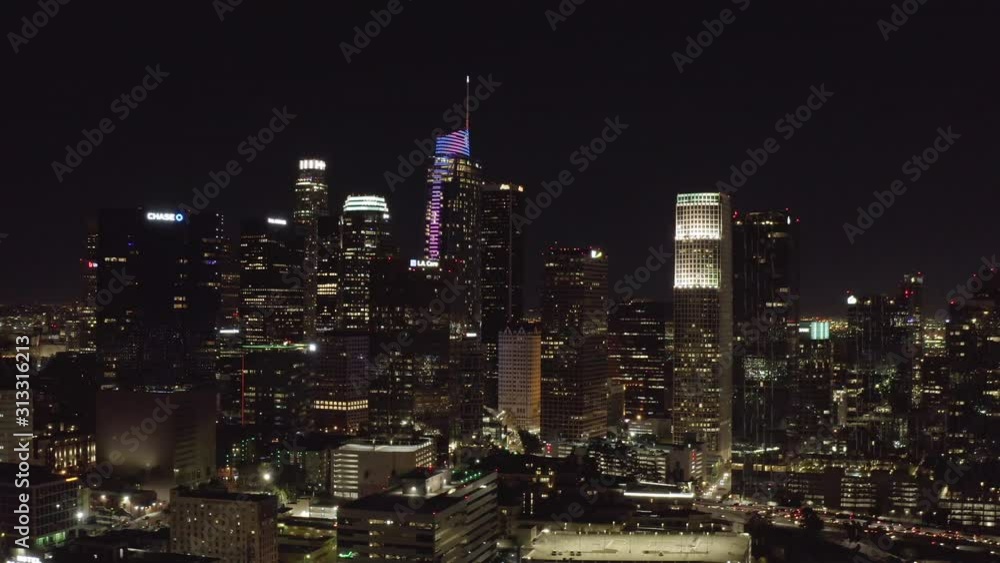 Aerial panoramic view of Los Angeles downtown at night in California