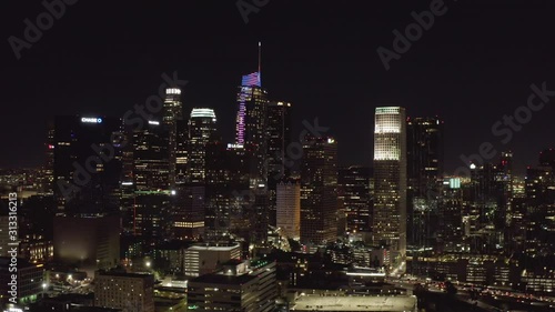 Aerial panoramic view of Los Angeles downtown at night in California