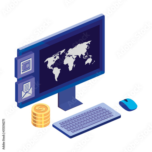 computer desktop with pile coins and menu app vector illustration design