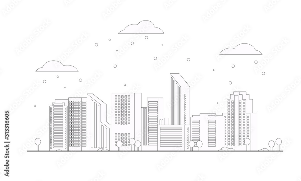 Winter cityscape in black outline. Vector illustration