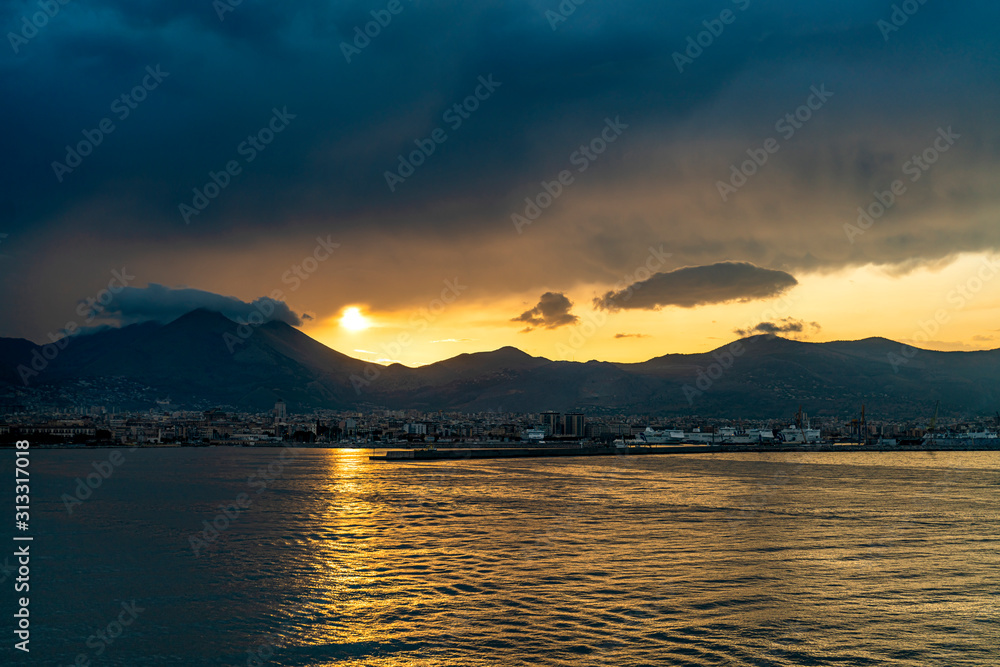 Palermo at sunset, Sicily, Italy. View from the sea