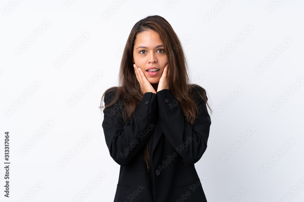 Young Brazilian girl with blazer over isolated white background with surprise facial expression Young Brazilian girl with blazer over isolated white background with surprise facial expression