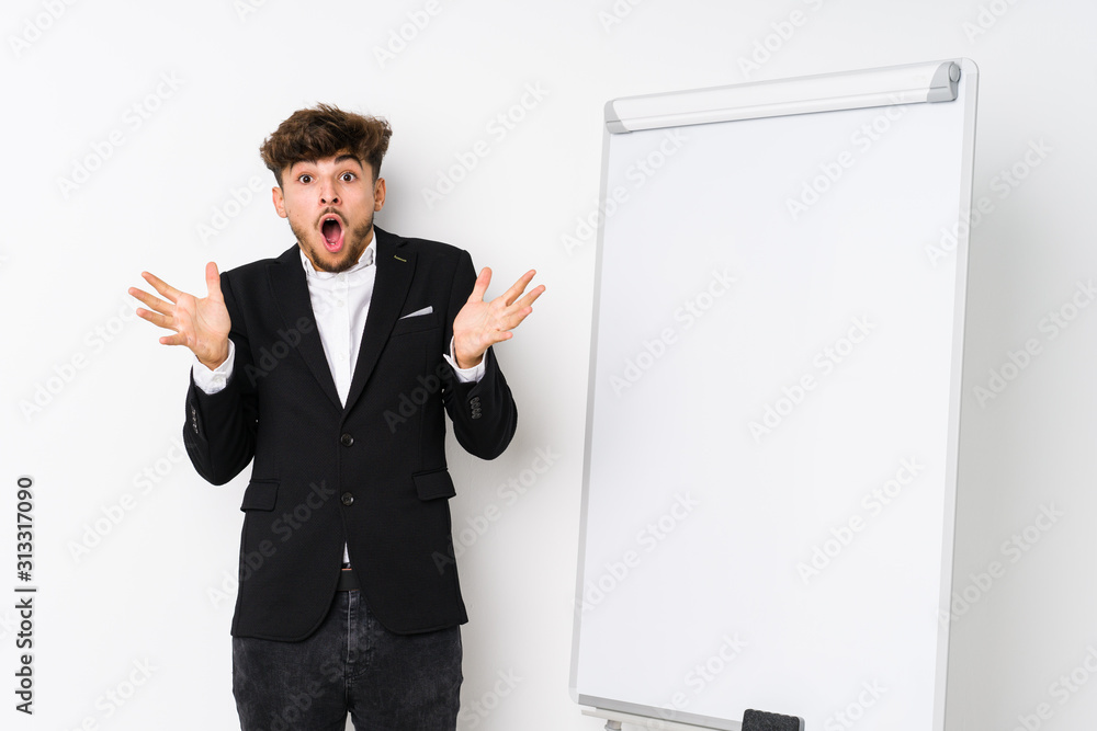 Young business coaching arabian man celebrating a victory or success, he is surprised and shocked. Young business coaching arabian man celebrating a victory or success, he is surprised and shocked.