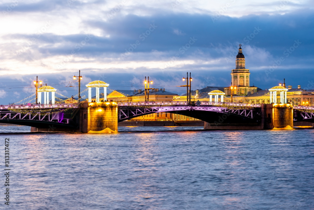 Palace Bridge and Kunstkamera during New Year and Christmas holidays, Saint Petersburg, Russia
