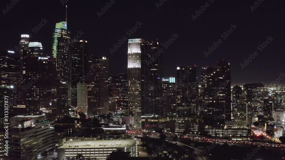 Drone aerial shot of Los Angeles downtown at night Drone aerial shot of Los Angeles downtown at night