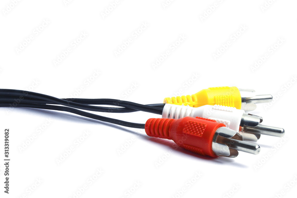 Isolated wire ends on a clear background.audio video cables RCA Connectors on a white background for excellent sound or sound transmission, audio cable for excellent sound quality .white-red bell Isolated wire ends on a clear background.audio video cables RCA Connectors on a white background for excellent sound or sound transmission, audio cable for excellent sound quality .white-red bell