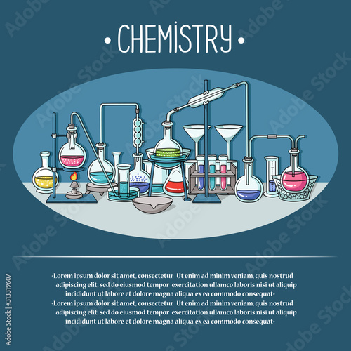 Vector colorful illustration on the theme of chemistry, chemical laboratory, science, medicine, pharmacy. Special chemical equipment with different liquids and solutions, chemical reactions