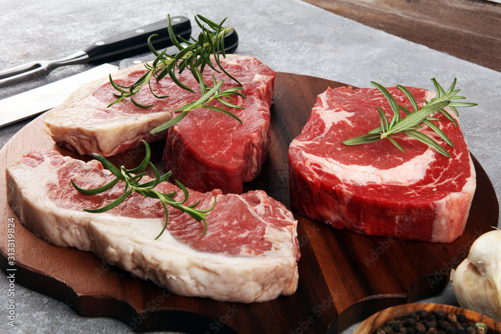 Variety Steak raw. Barbecue Rib Eye Steak, dry Aged Wagyu Entrecote Steak. Variety Steak raw. Barbecue Rib Eye Steak, dry Aged Wagyu Entrecote Steak.