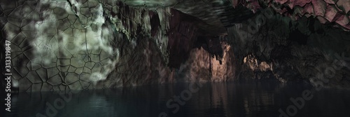 Papier peint Underground river, cave with a pond, panorama of the dungeon