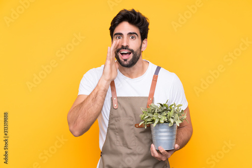 Gardener man with beard over isolated yellow background shouting with mouth wide open