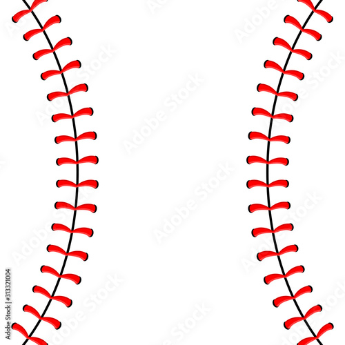 Baseball ball stitches, red lace seam isolated on background.