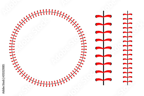 Baseball ball stitches, red lace seam isolated on background.