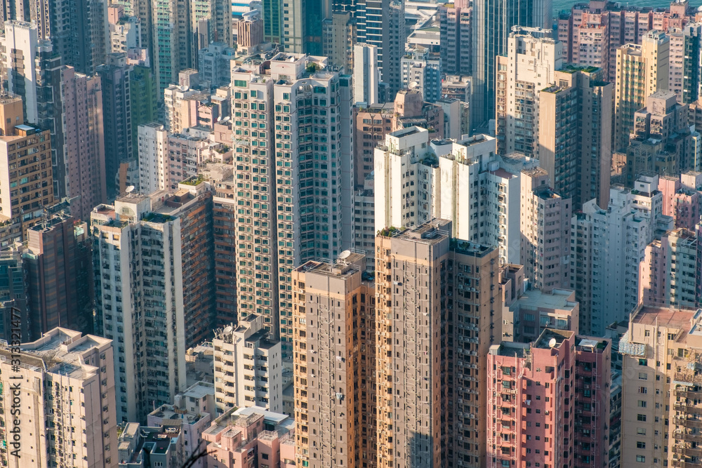 city aerial, skyscraper buildings of downtown HongKong -