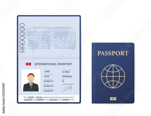 Blank open passport template. International passport with sample personal data page. Vector stock illustration.