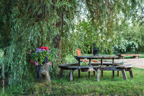 round wooden table with candle decor on it; flower pot on a wooden block; a resting place in green nature, under a huge willow, with hanging branches