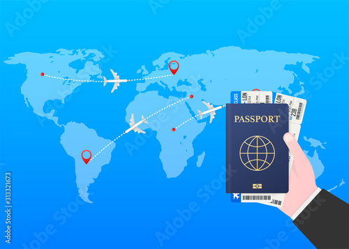 Passport for travel and tourism. Passport in hand. Man holds in his hand the document. Vector stock illustration.