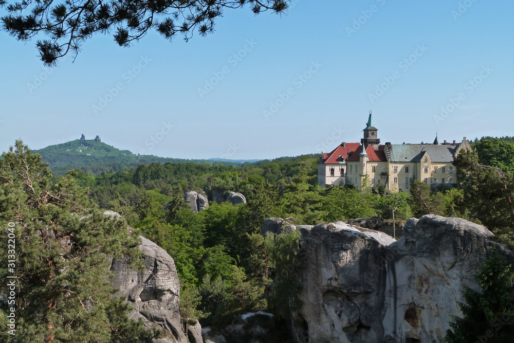 Hruba Skala castle on sandstone rock and Trosky castle on background, Bohemian Paradise, Czech Republic