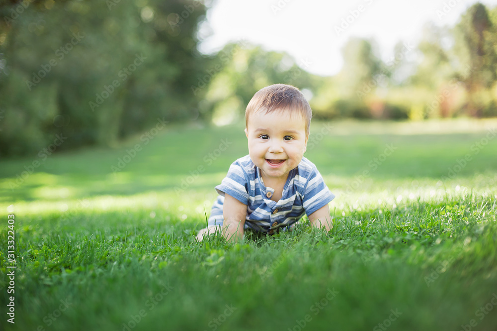 7 month child crawls on on green grass city park sunset outdoor. Concept education of children, activity outdoor. children's goods. Naked legs. Healthy baby. Happy childhood and baby healthcare. 7 month child crawls on on green grass city park sunset outdoor. Concept education of children, activity outdoor. children's goods. Naked legs. Healthy baby. Happy childhood and baby healthcare.