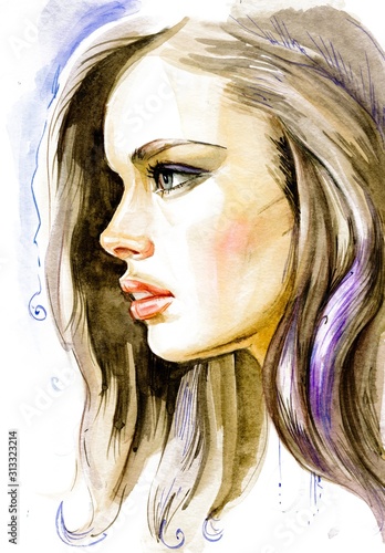 Modern Young blonde woman portrait hand drawn watercolor illustration