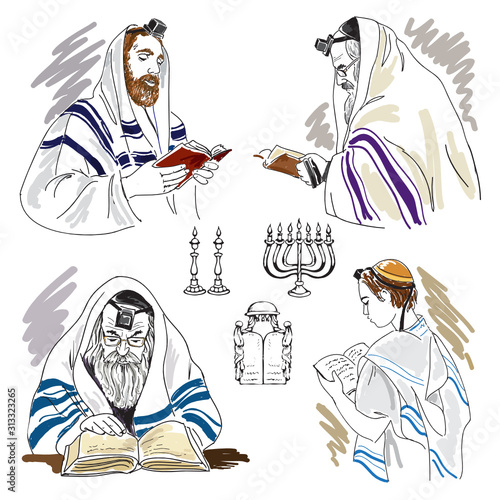 Hand drawing sketches with praying jews