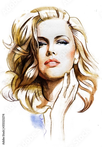 Modern Young blonde woman portrait hand drawn watercolor illustration