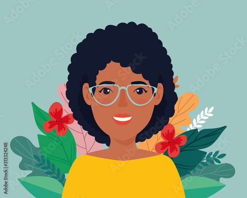 woman afro with eyeglasses and leafs tropicals vector illustration design