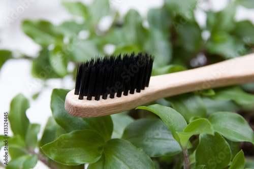 bamboo toothbrush on leaves grass green  flower  friendly eco concept  zero waste  life without plastic