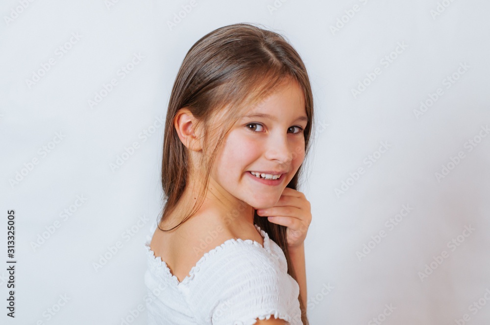 Little girl face portrait in Girl child brush hair in fashionable dress Little girl face portrait in Girl child brush hair in fashionable dress