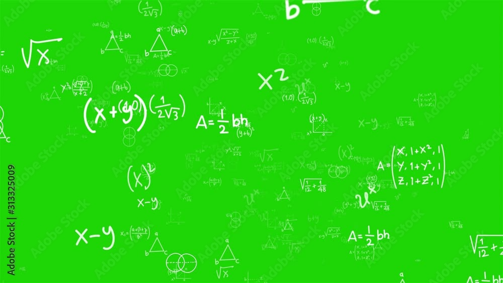 Camera flies through math formulas on background. Math calculations functions equations. Matrix made up of formulas. Abstract cognitive process concept. Seamless loop. Greenscreen chromakey