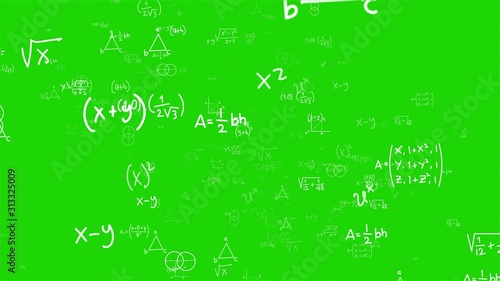Camera flies through math formulas on background. Math calculations functions equations. Matrix made up of formulas. Abstract cognitive process concept. Seamless loop. Greenscreen chromakey photo