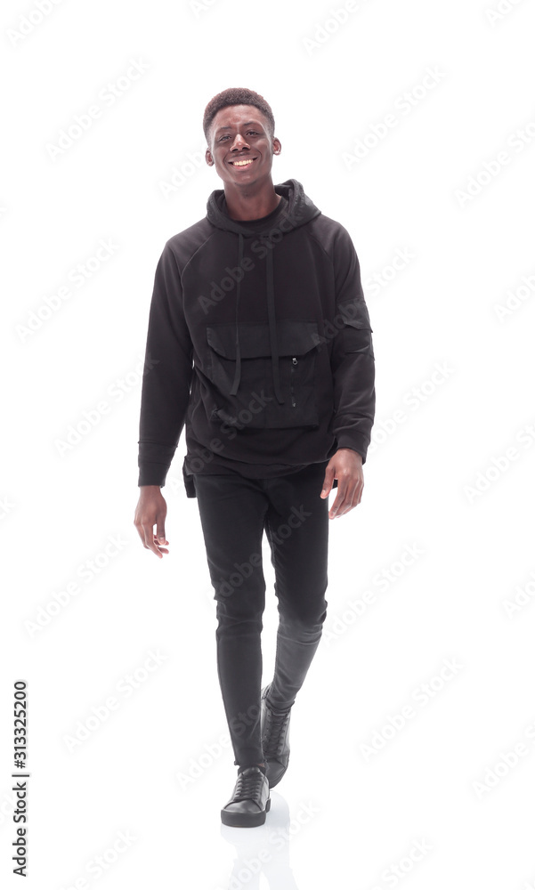 cheerful guy in autumn jacket striding forward cheerful guy in autumn jacket striding forward