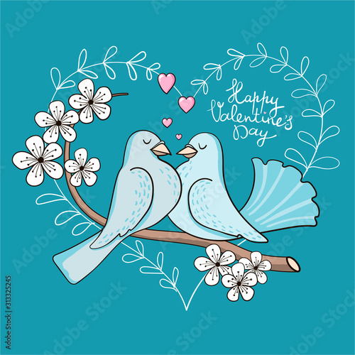 A couple of cute cartoon doves in love on a branch of blooming cherry. Greeting card for Valentine's Day February 14.