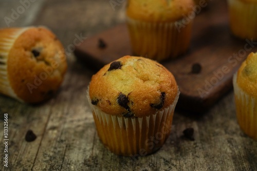 Mini chocolate chip muffins close up, selective focus