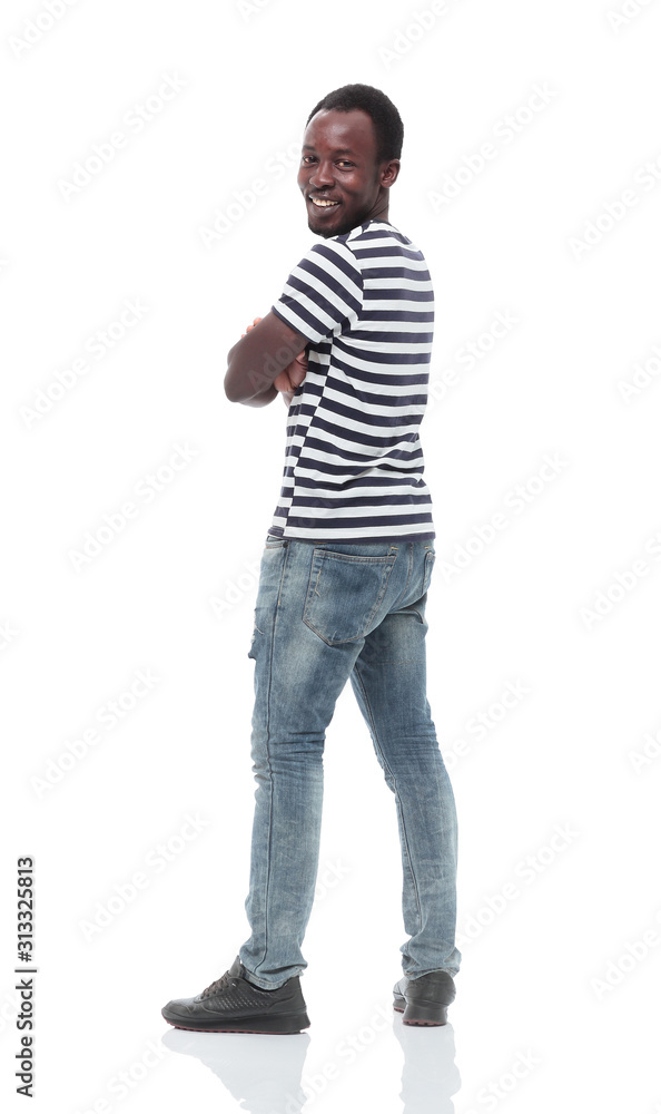 smiling young man in a striped t-shirt . isolated smiling young man in a striped t-shirt . isolated