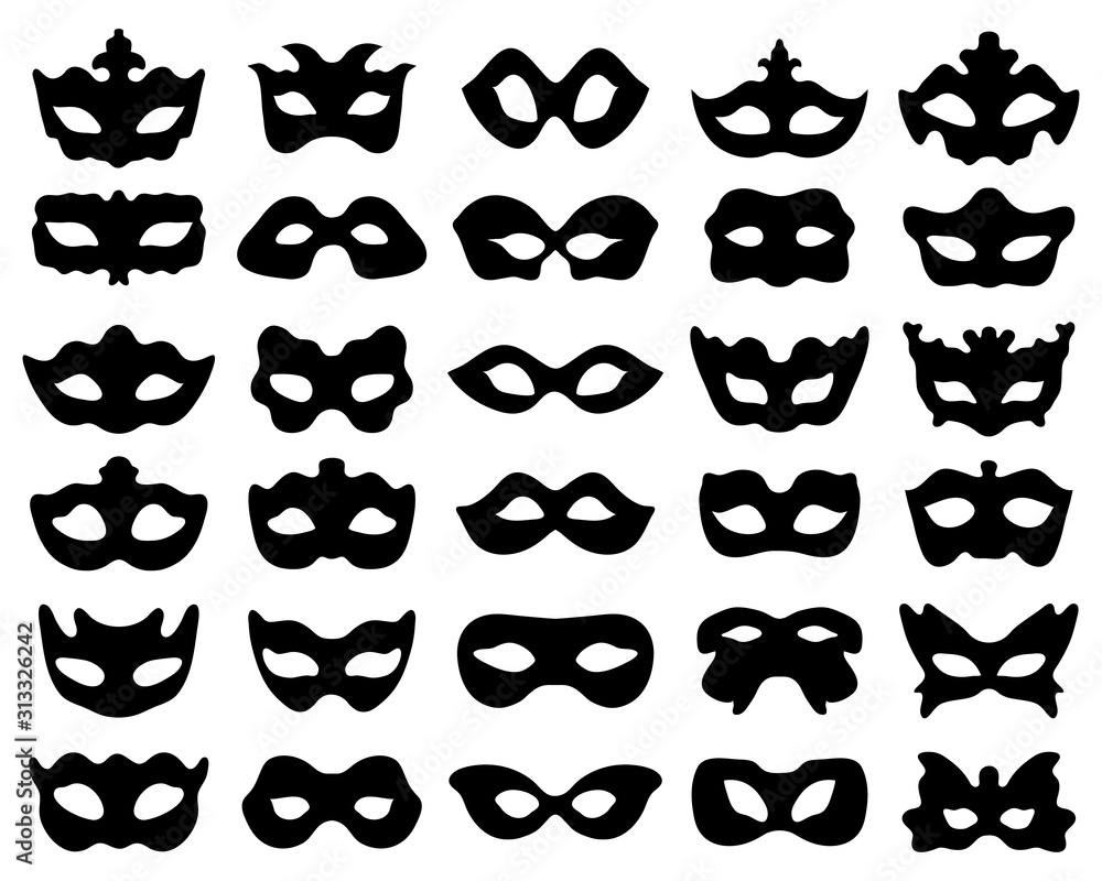 Black silhouette of festive masks in black on a white background Black silhouette of festive masks in black on a white background