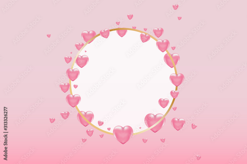3d vector saint valentine s day golden round frame with pink heart on pink background. Poster and invitation