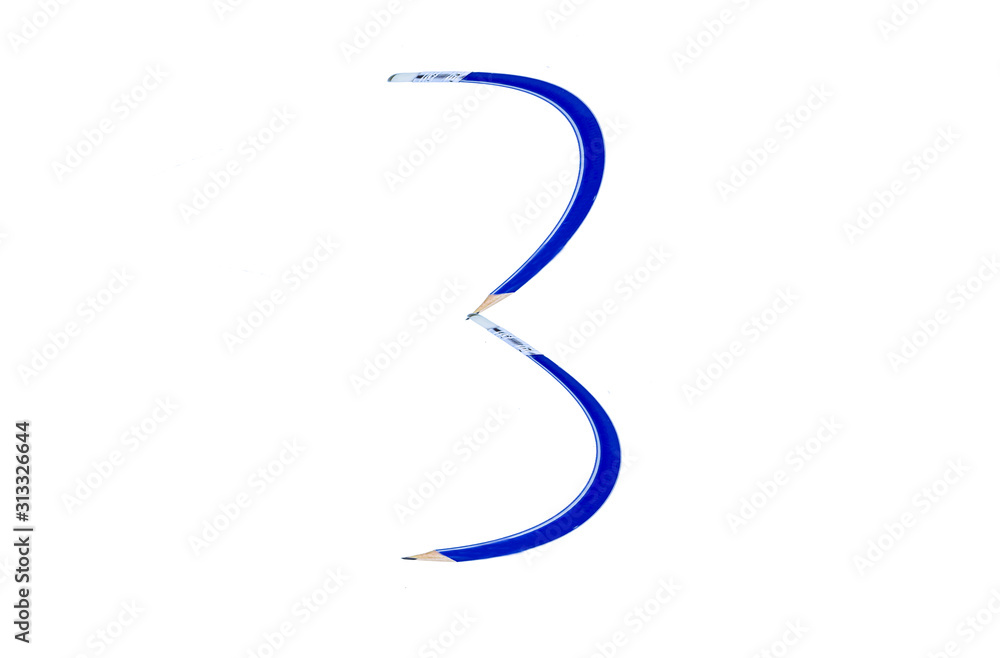 Number 3 of pencils on a white background Number 3 of pencils on a white background