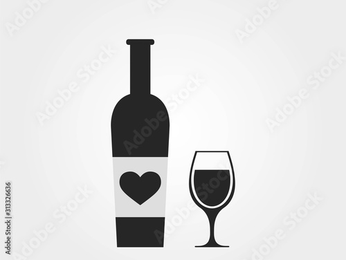 bottle of wine with heart and wineglass. valentines design element