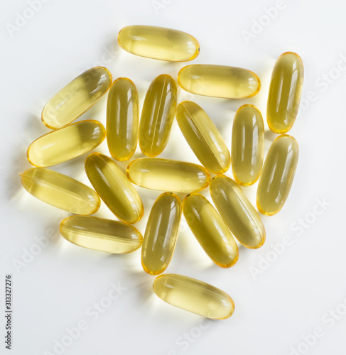 Large capsules with fish oil Omega-3 for the cardiovascular system. View from above