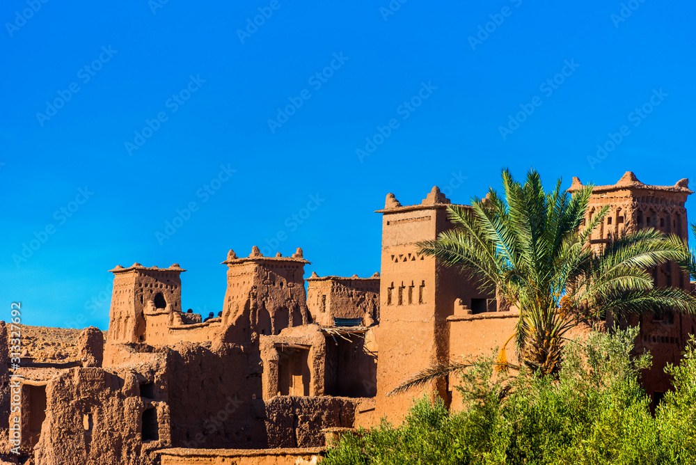 View of the fortified city of Ait-Ben-Haddou, Morocco. Copy space for text.